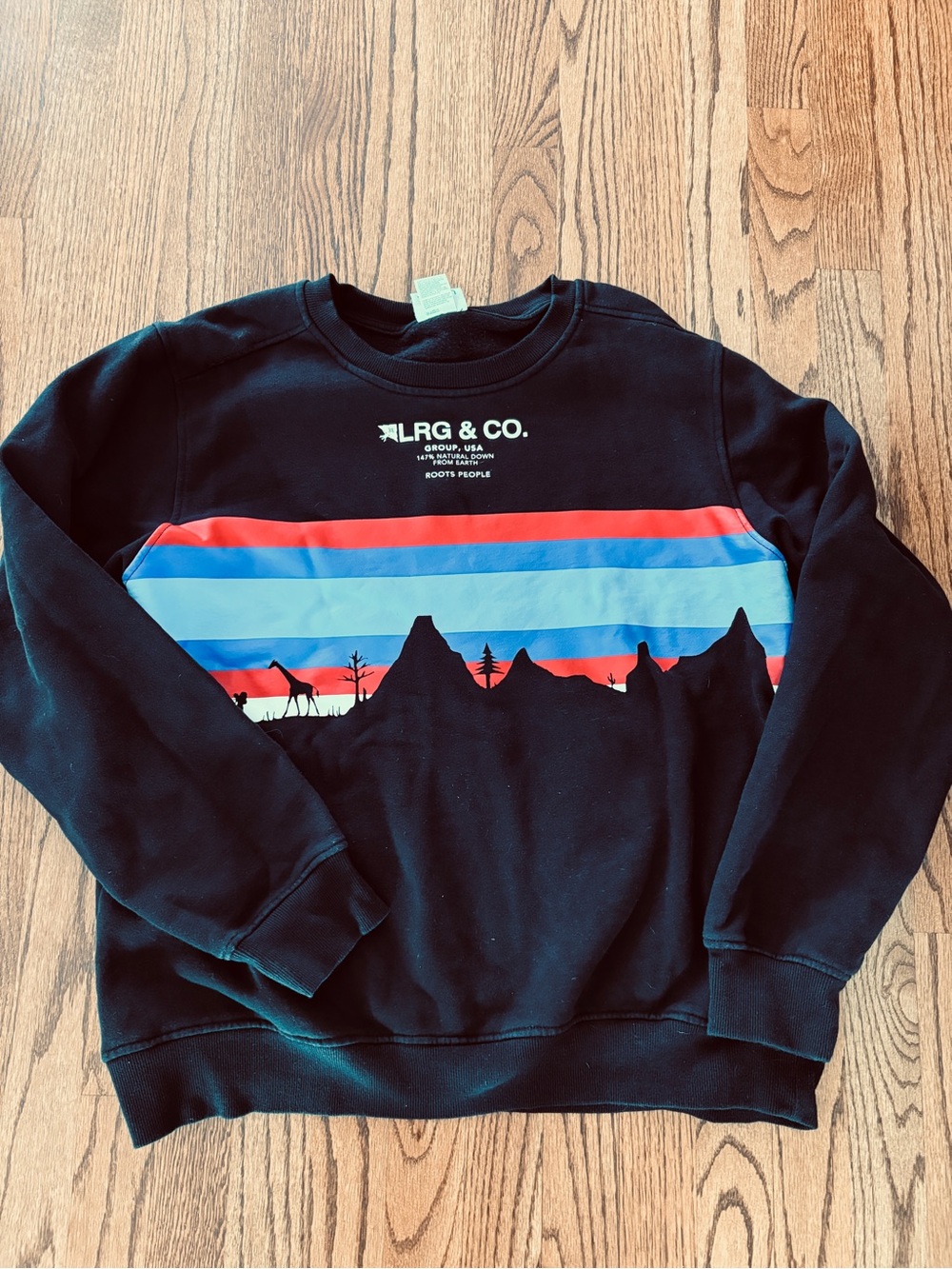 LRG Black Crewneck Sweatshirt with Red and Blue Stripes